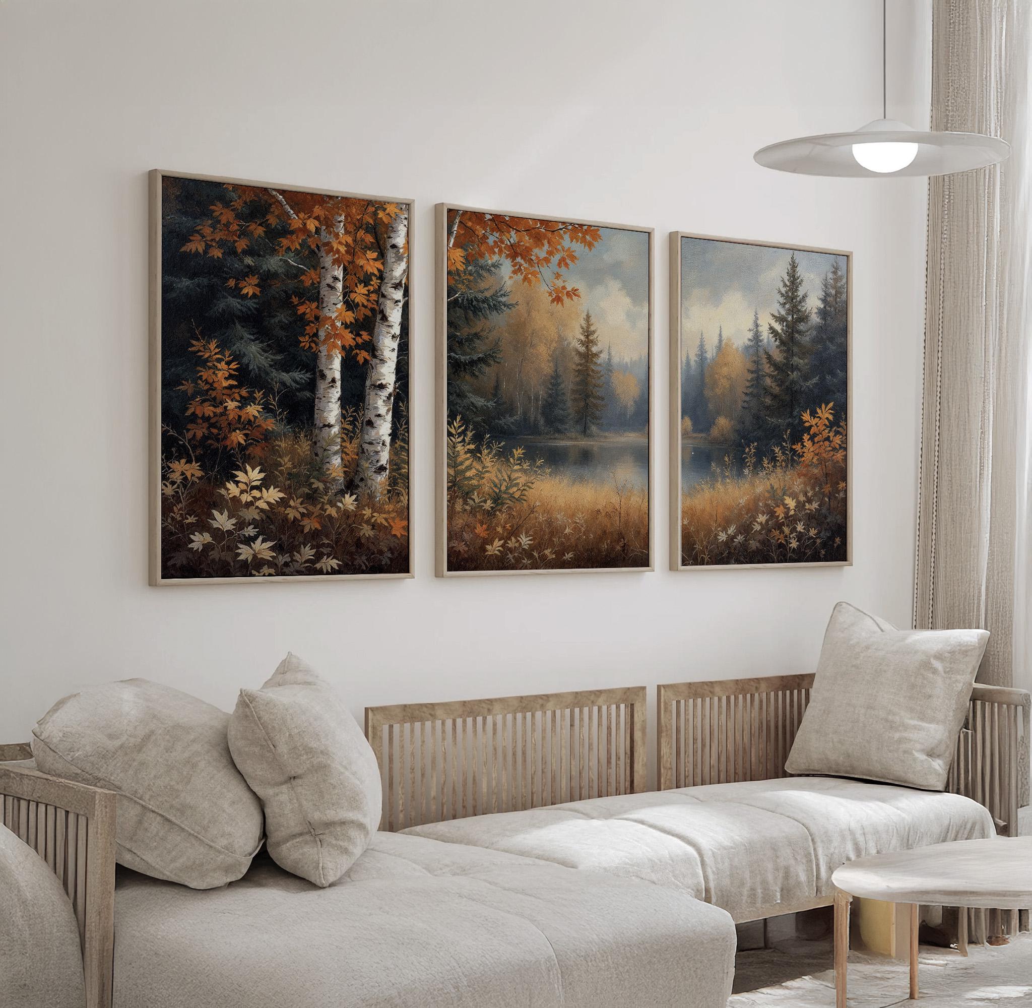 Autumn Forest Lake Wall Art Triptych | Fall Birch Trees and Pines ...