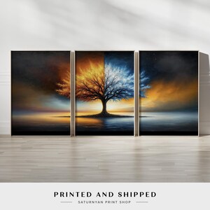 Dual Season Tree of Life Wall Art | Vibrant 3-Piece Canvas Print Triptych | Sunset and Snowy Tree Artwork | Unique Nature Decor for Home