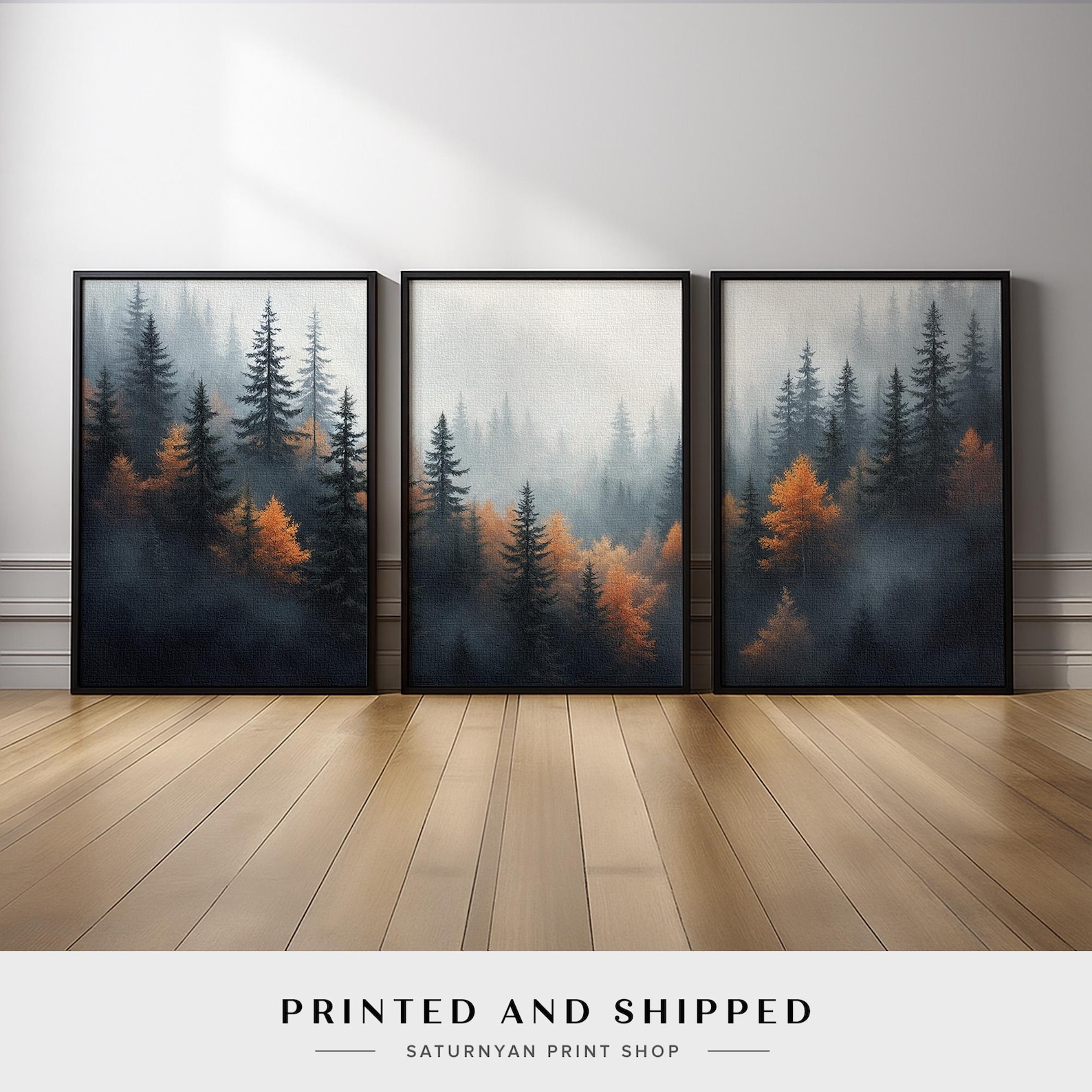 Foggy Forest Wall Art Triptych | Black and Orange Pine Tree Landscape ...