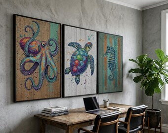 Ocean Wall Art Set of 3 | Colorful Sea Life Canvas Prints with Octopus Turtle and Seahorse for Nautical Beach House Decor