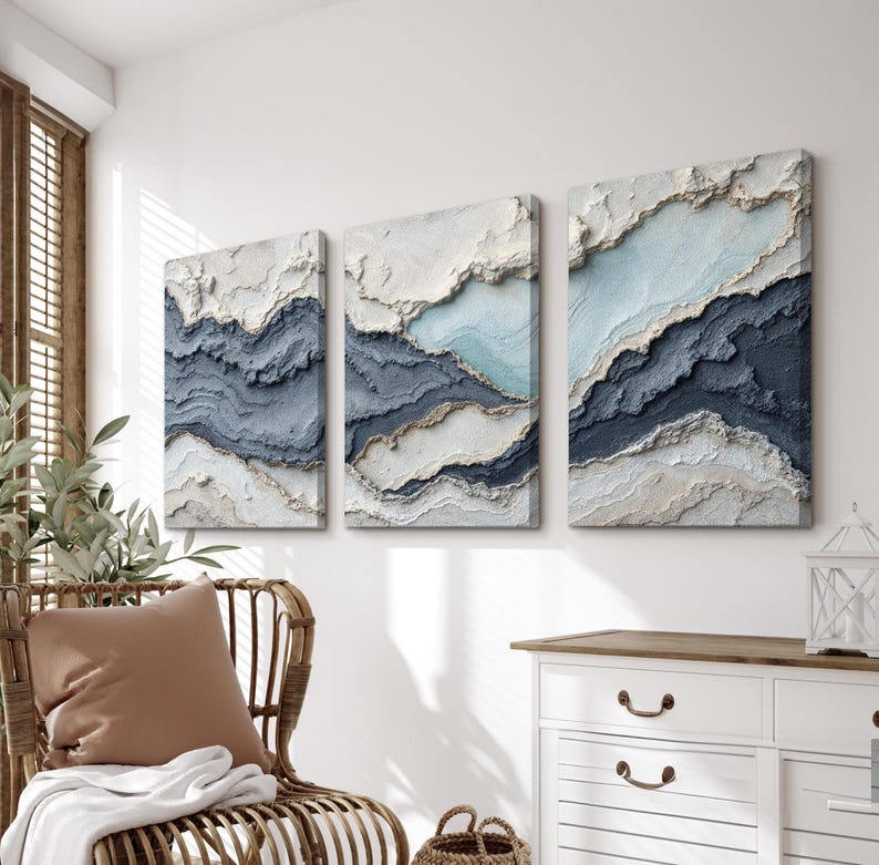 Abstract Ocean Wave Wall Art | Set of 3 Neutral Tone Prints in Blue ...