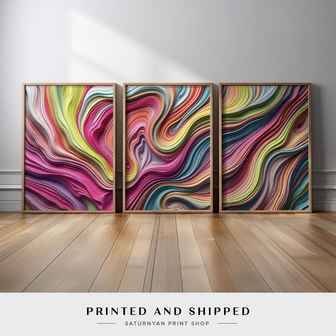 Colorful Wave Abstract Wall Art Set of 3 | Vibrant Swirl Canvas Prints ...