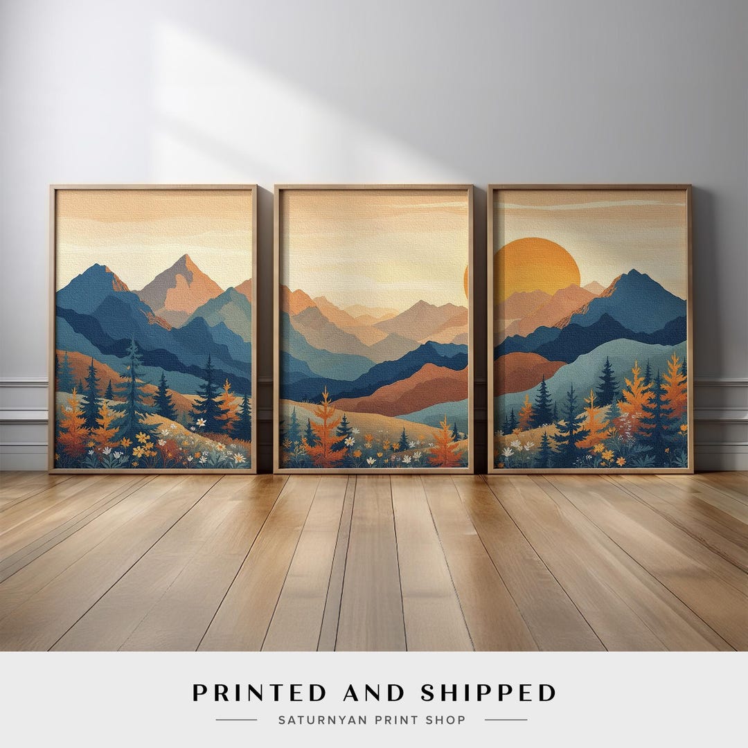 Mountain Wall Art Set of 3 | Sunset Landscape Canvas Prints, Forest ...