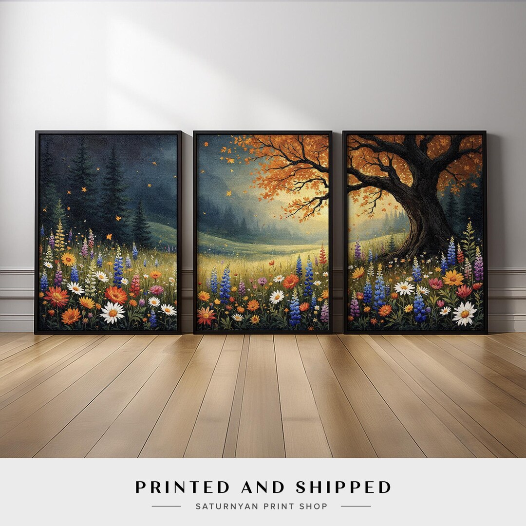 Autumn Forest Wall Art Set of 3 | Tree and Meadow Canvas Prints With ...