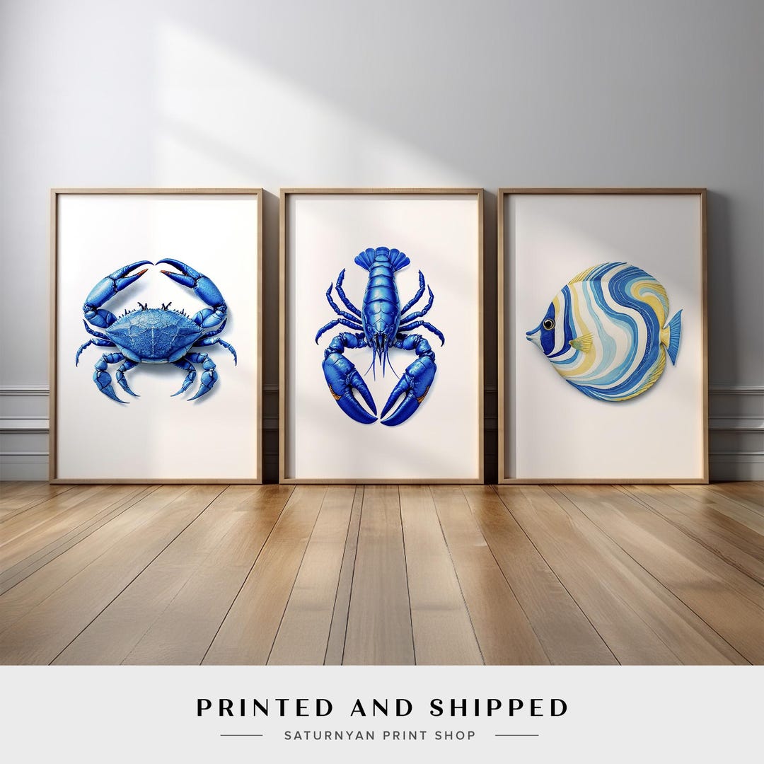 Coastal Nautical Wall Art, Blue Crab Lobster Fish Artwork, Ocean Themed ...