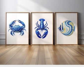 Coastal Nautical Wall Art, Blue Crab Lobster Fish Artwork, Ocean Themed Decor, Sea Life Canvas Print, Beach Home Accent, Marine Wall Print