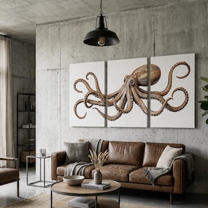 May include: A three-panel wall art set featuring a detailed illustration of a brown octopus with long, curling tentacles spread across a white background. The artwork is displayed as a triptych, with the creature's body centered across the panels.
