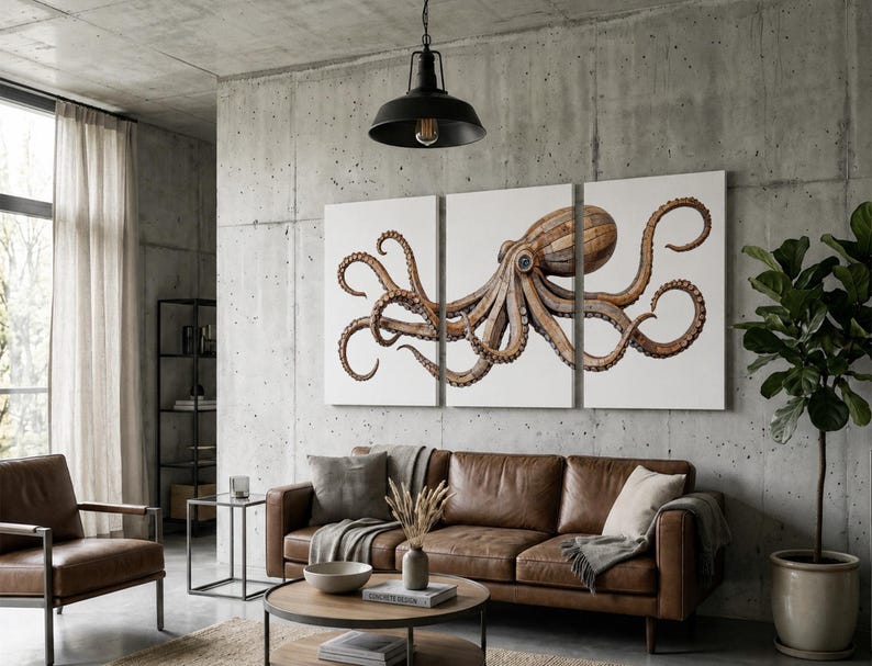 May include: A three-panel wall art set featuring a detailed illustration of a brown octopus with long, curling tentacles spread across a white background. The artwork is displayed as a triptych, with the creature's body centered across the panels.