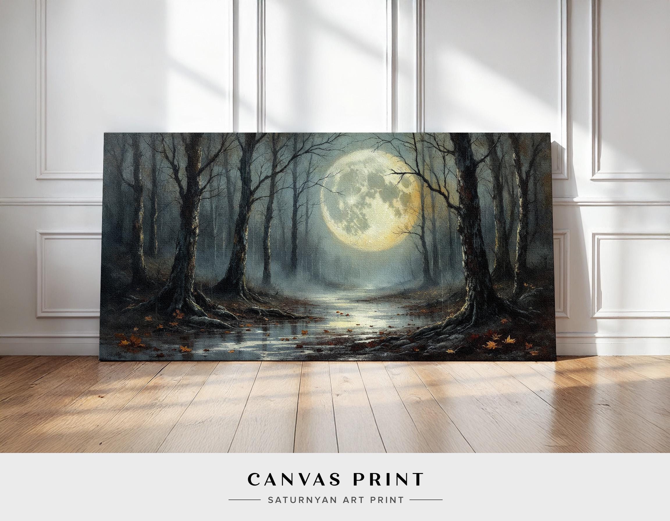 Mystical Full Moon Forest Painting, Dark Moody Landscape Wall Art ...