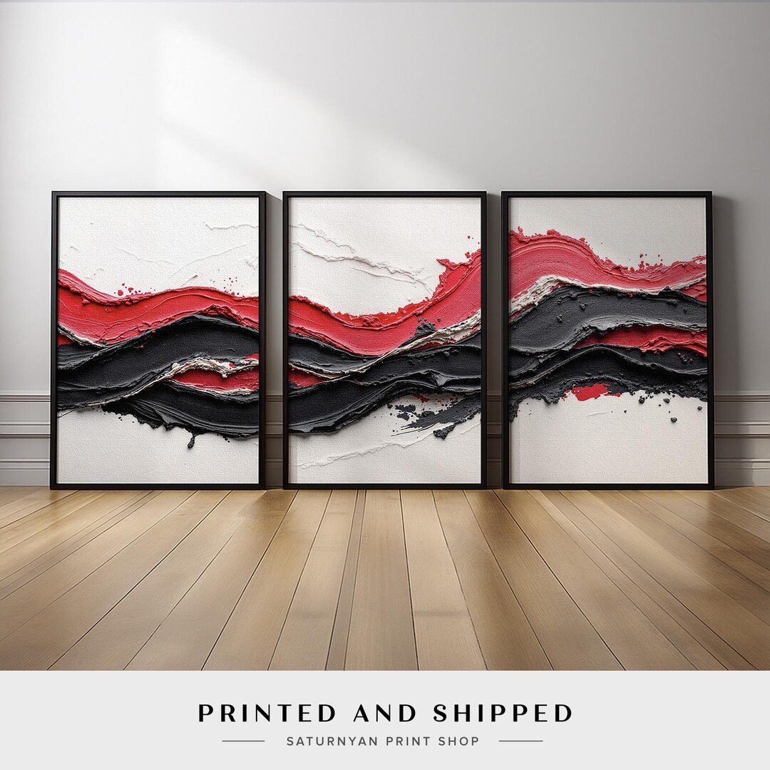 Abstract Red Black Wave Wall Art Set of 3 | Modern Bold Statement ...