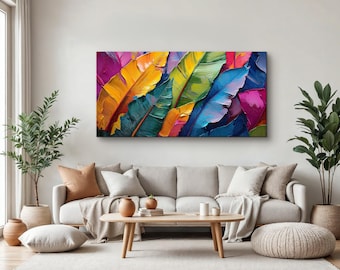 Colorful Tropical Leaf Wall Art - Bold Botanical Canvas Print with Vibrant Banana Leaves - Large Modern Nature Painting for Home Decor