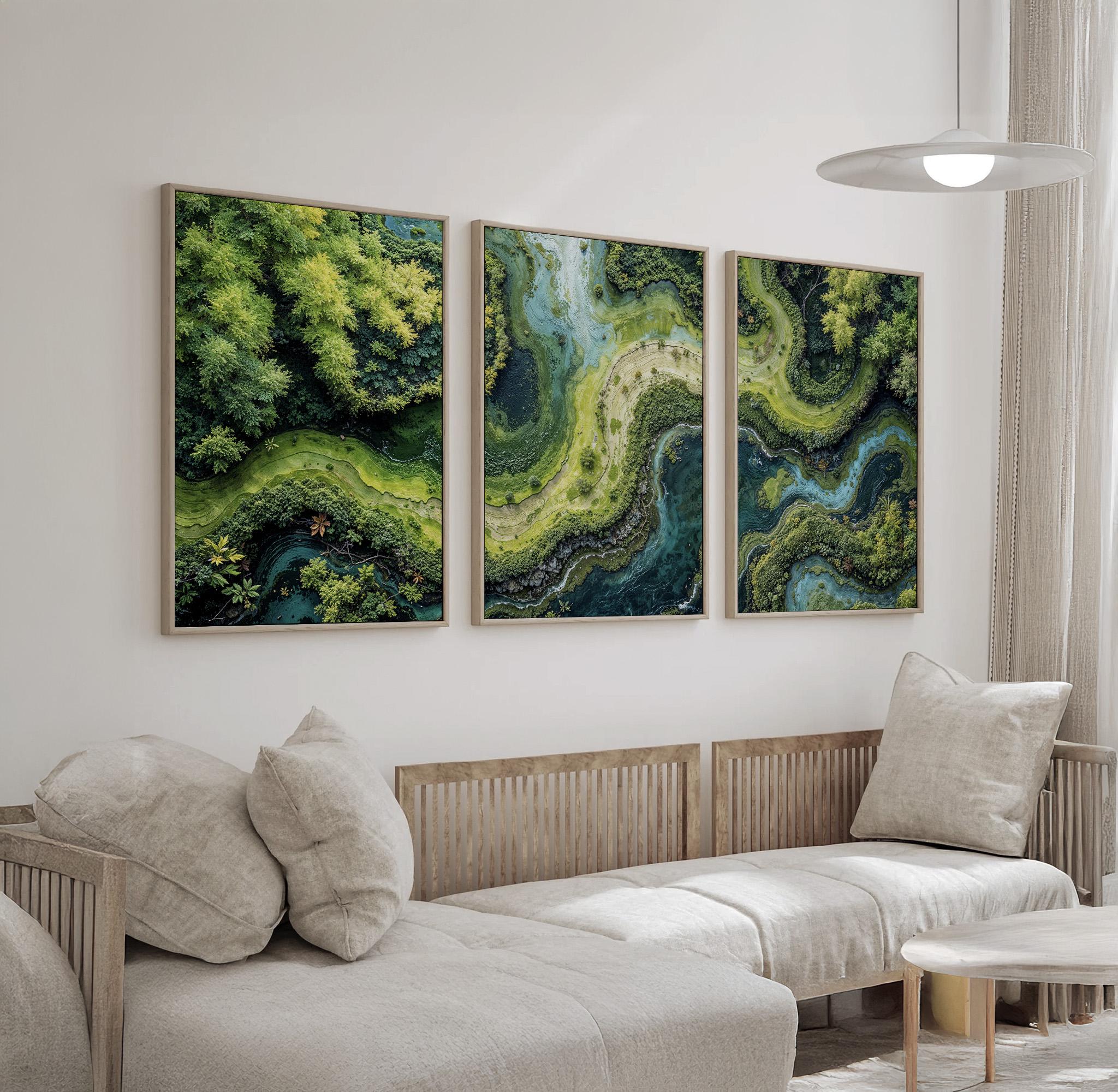 Aerial River Landscape Wall Art Set of 3 | Lush Green Forest Triptych ...