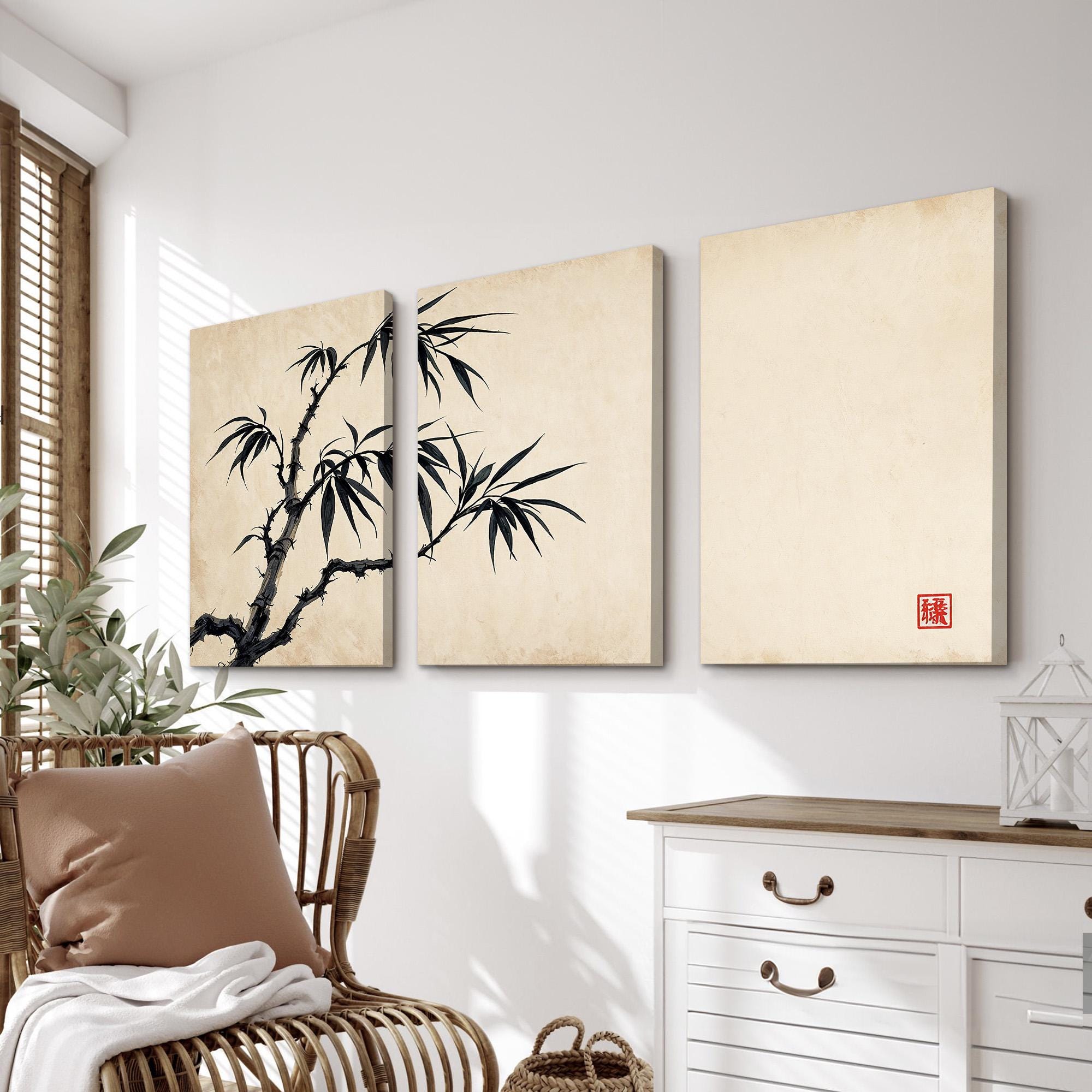 Japanese Minimalist Bamboo Wall Art Set of 3 | Zen Sumi-e Ink Painting ...