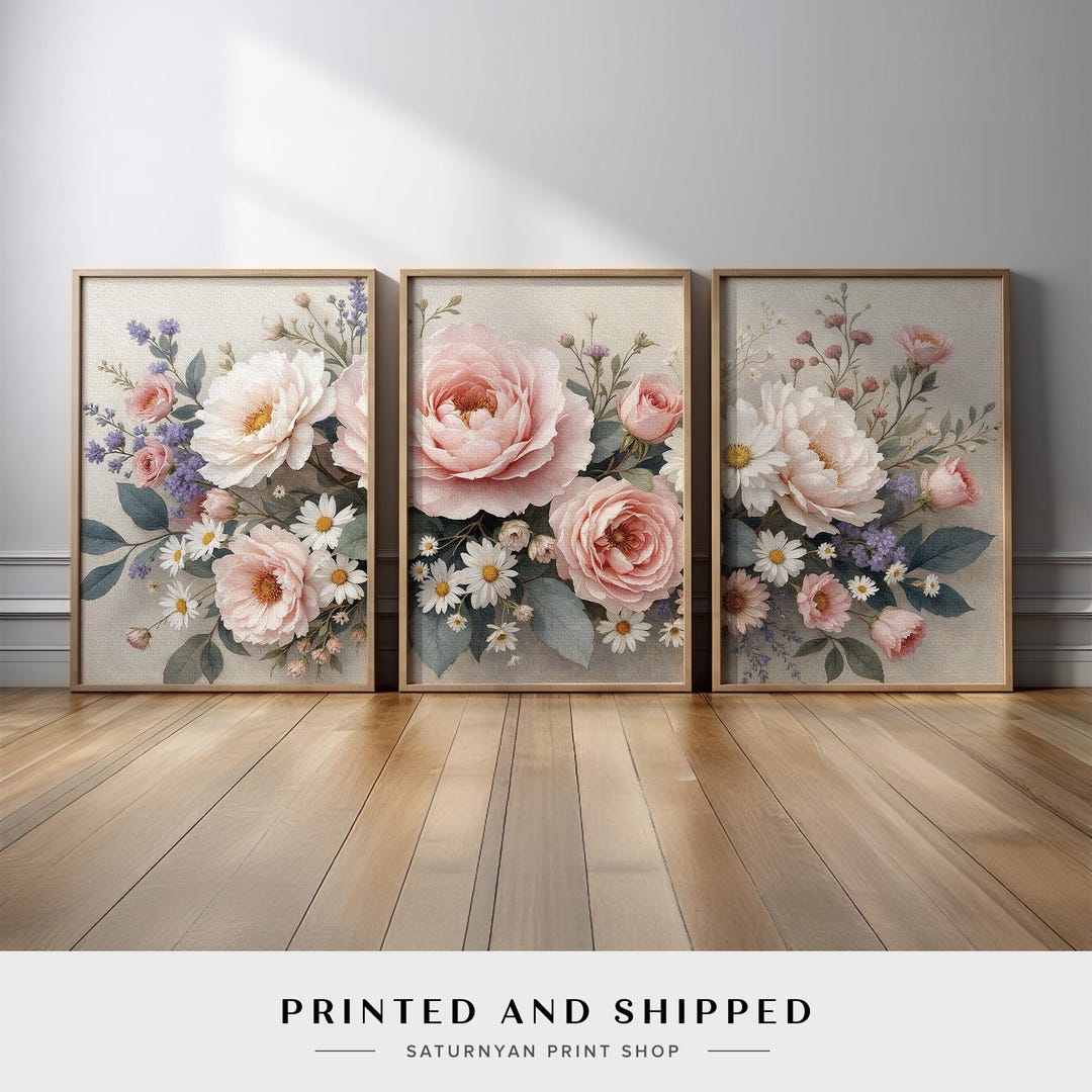 Blush Pink Floral Canvas Prints Wall Art Set of 3 | Romantic Rose ...