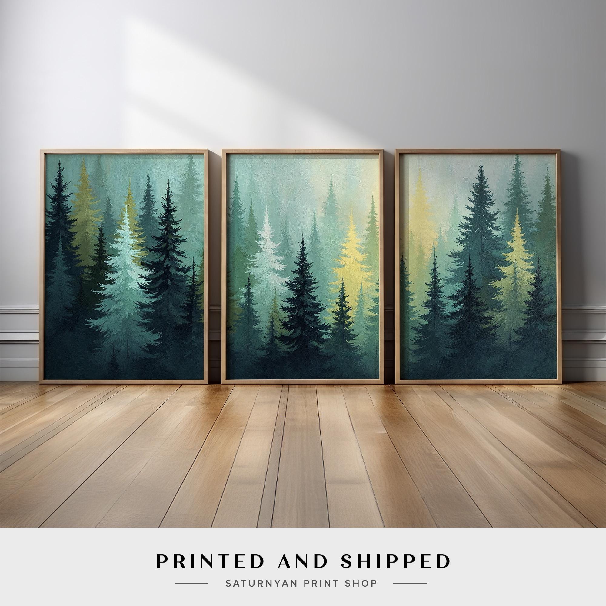 Misty Pine Forest Wall Art Set of 3 | Tranquil Tree Landscape Triptych ...