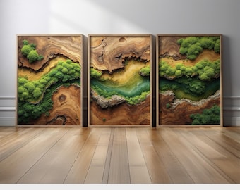 Nature Canyon and River Wall Art | Topographic Landscape Canvas Prints Triptych | Earth Tone Layered Terrain Artwork for Living Room