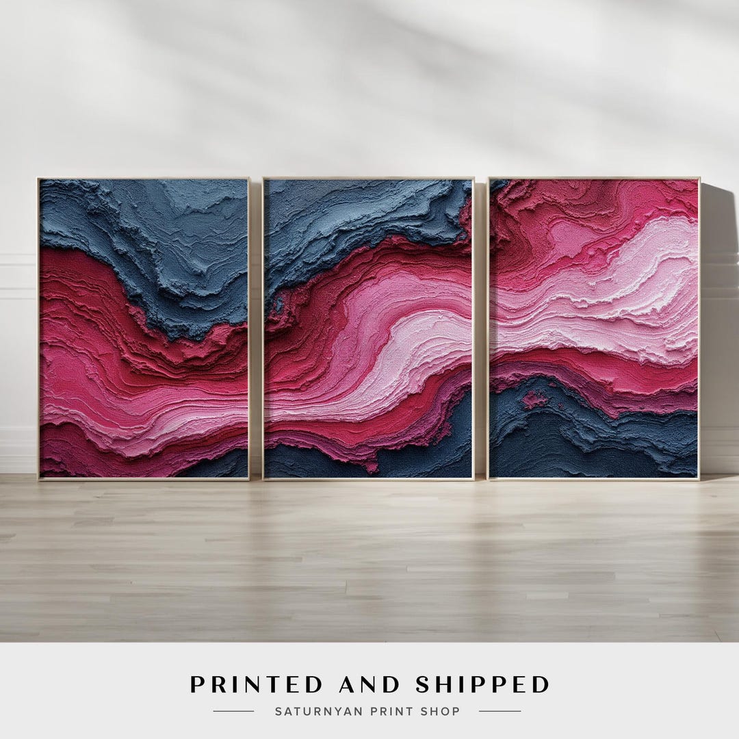 Abstract Pink and Navy Blue Wall Art Set of 3 | Wave Inspired Triptych ...
