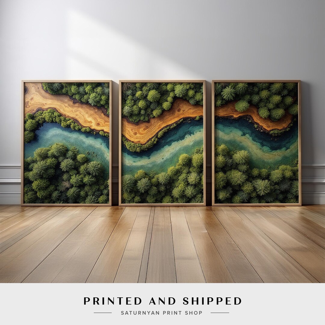 Aerial Forest River Wall Art Set of 3 | Green Tree and Blue Water ...