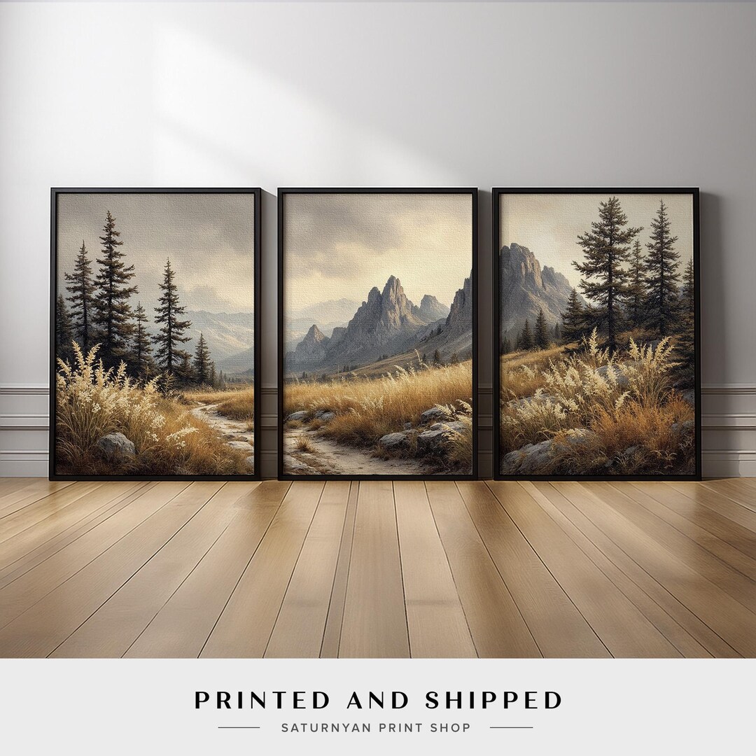 Mountain Landscape Wall Art Set of 3 | Rustic Pine Tree and Golden ...