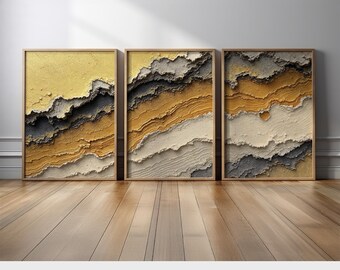 Layered Geology-Inspired Abstract Wall Art Set of 3 | Gold Beige Black Triptych Canvas Print | Earthy Natural Interior Decor for Modern Home