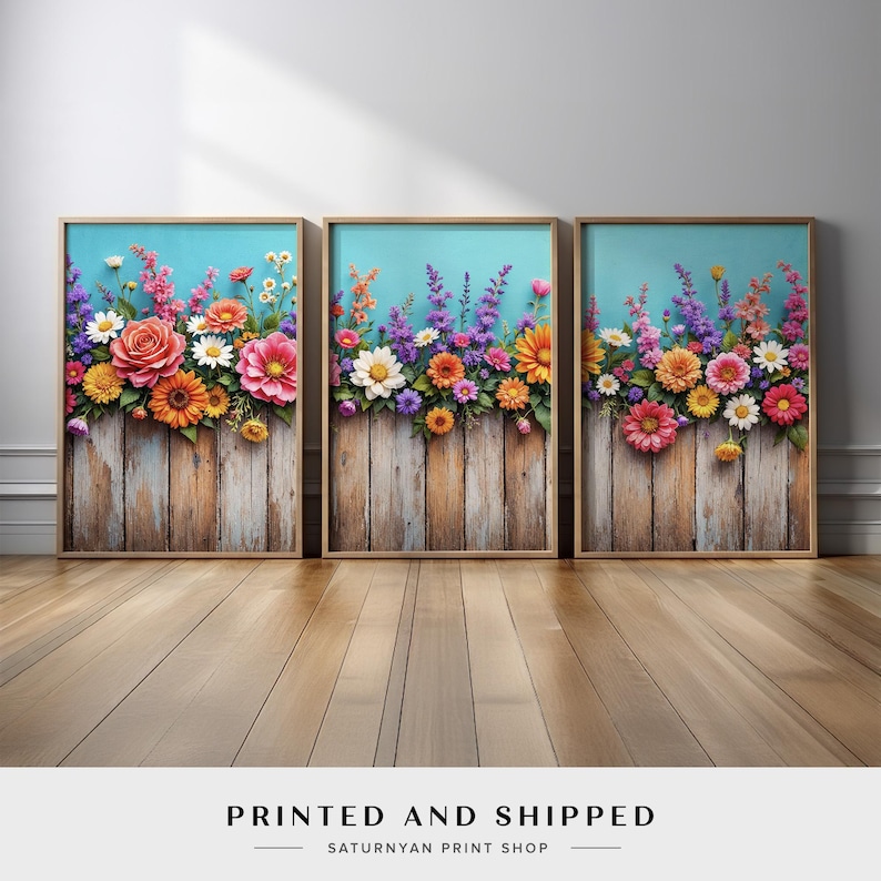 Rustic Floral Wall Art Set of 3 | Colorful Garden Flower Triptych With ...