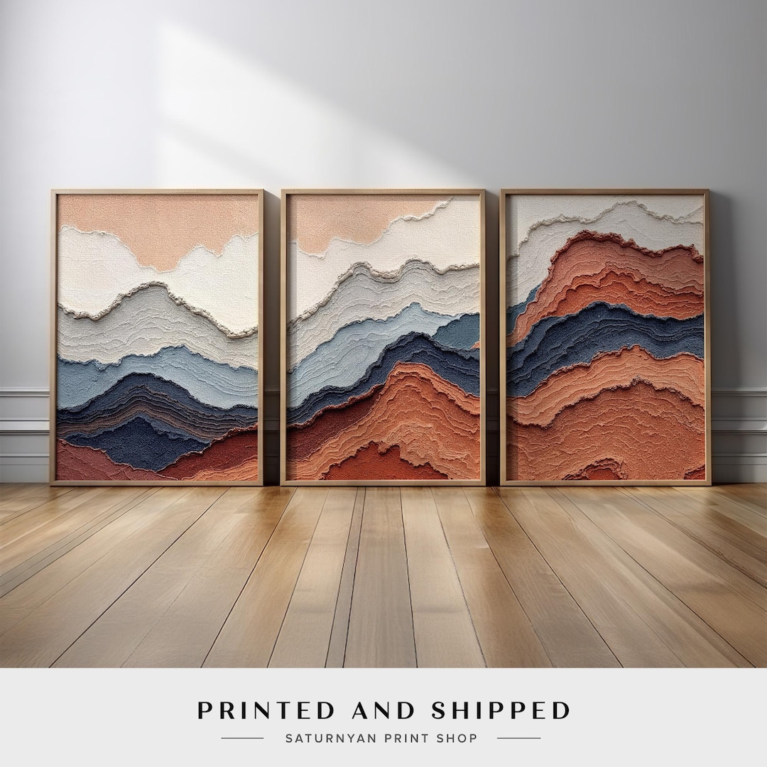 Abstract Earth Tone Wall Art Set of 3 | Terracotta Blue Cream