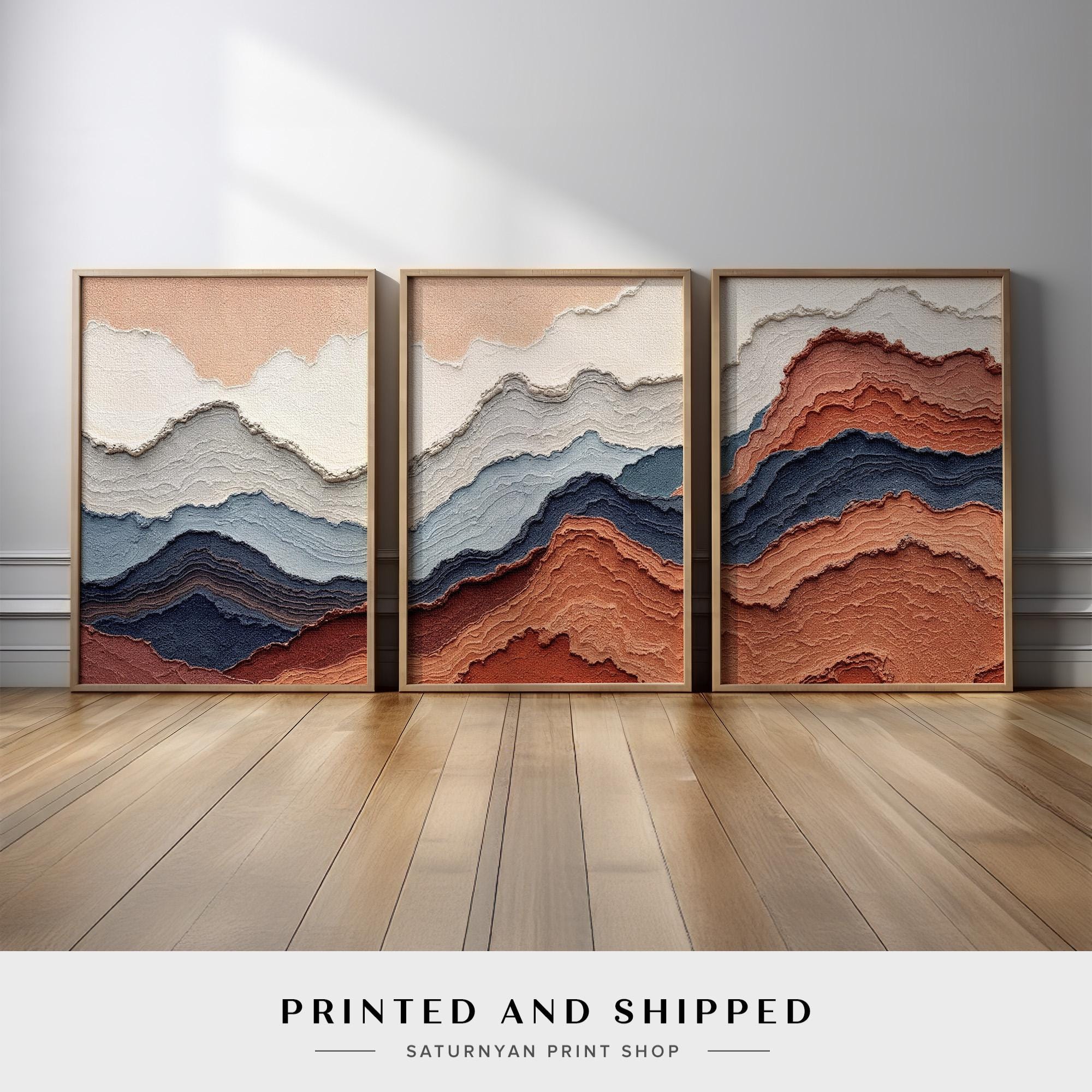 Abstract Earth Tone Wall Art Set of 3 | Terracotta Blue Cream