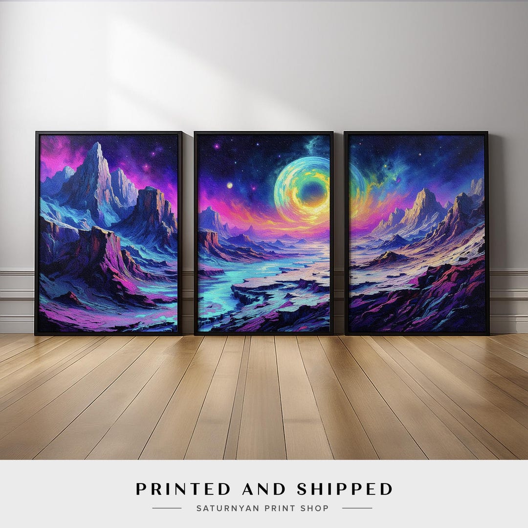 Fantasy Space Wall Art Triptych | Colorful Cosmic Mountain Canvas ...
