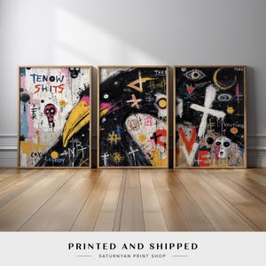 Graffiti-Inspired Street Art Canvas Prints Decor | 3-Piece Urban Abstract Wall Art Set in Bold Colors and Expressive Details for Modern Home
