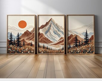 Rustic Mountain Landscape Wall Art Set | Earth Tone Canvas Prints with Orange Sun, Pine Trees & Wildflowers | Modern Nature-Inspired Art