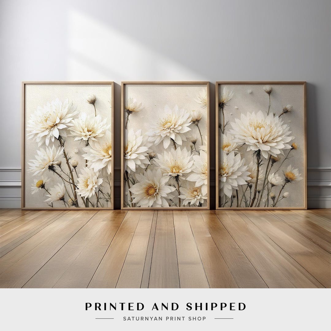 Floral Wall Art Set of 3 | White Daisy Flower Triptych Canvas With Soft ...