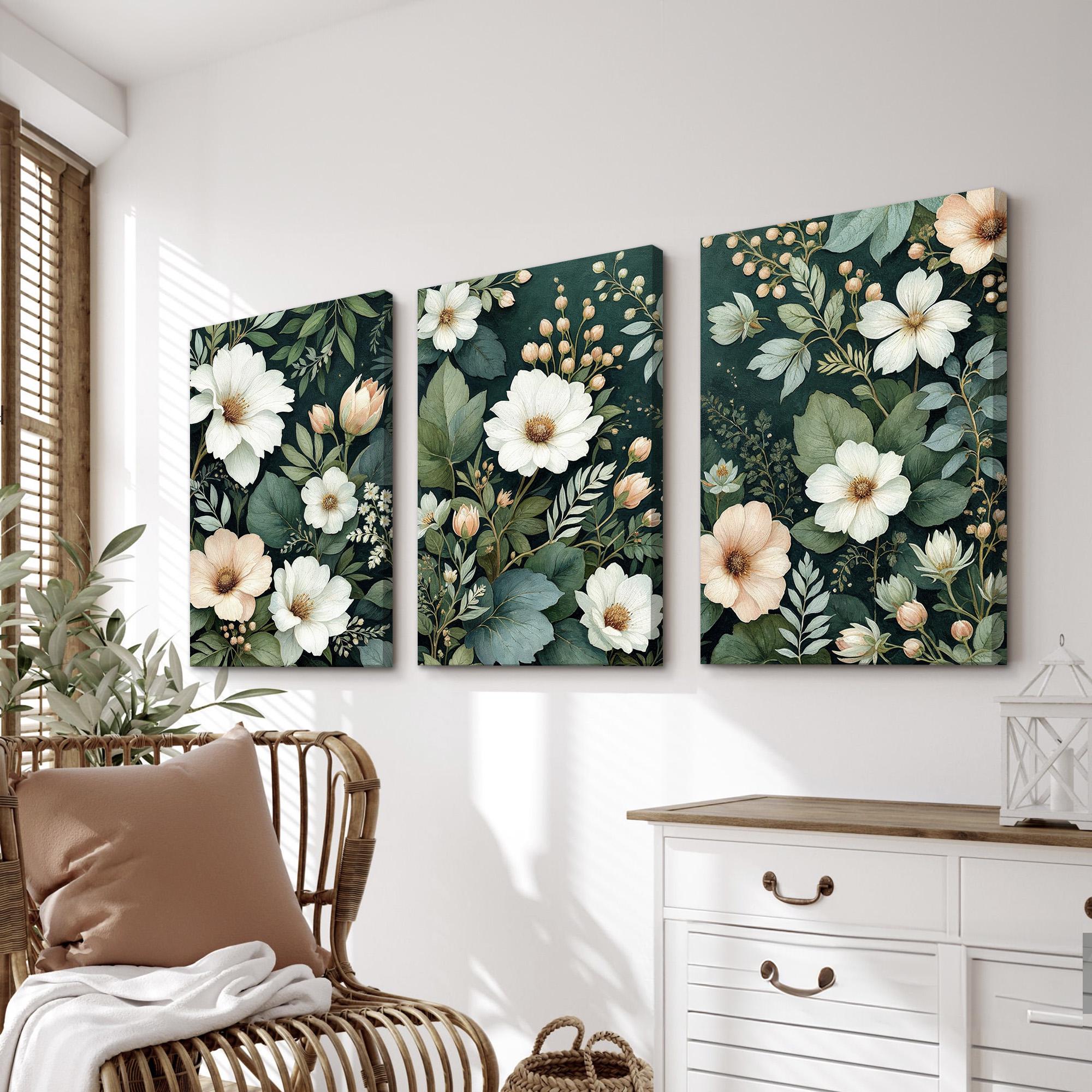 Forest Green Floral Wall Art | Set of 3 Elegant Lush Botanical