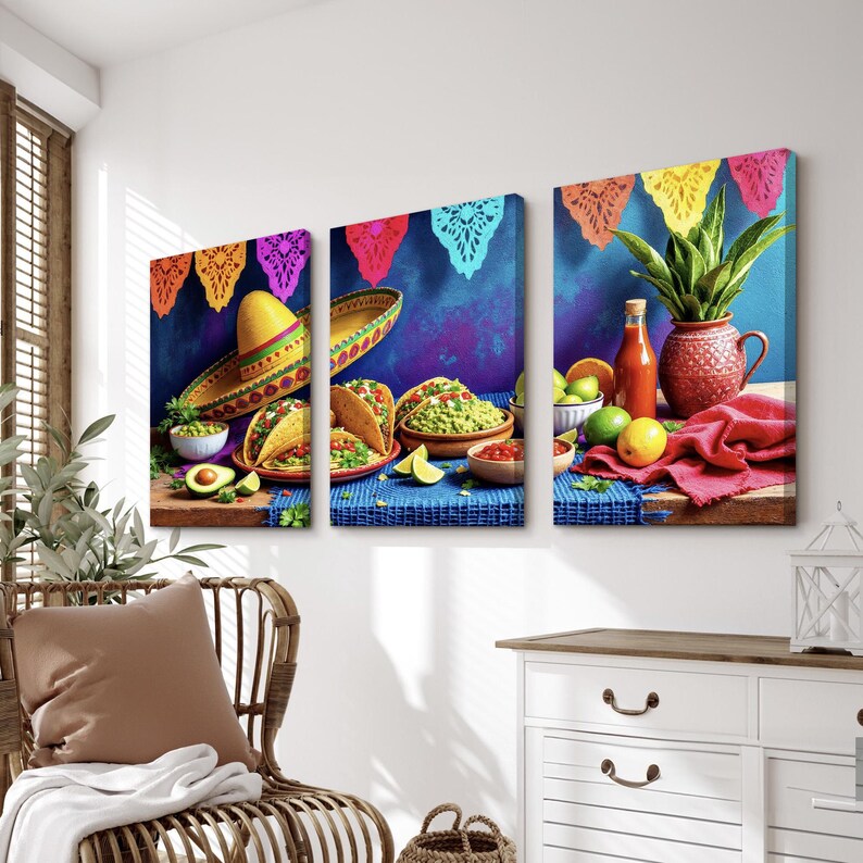 Fiesta Kitchen Wall Art Set | 3-piece Canvas With Authentic Mexican ...