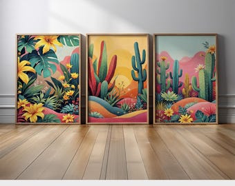 Colorful Desert Cactus Wall Art Set of 3 – Vibrant Botanical Landscape Prints for Living Room, Southwestern Plant Wall Decor, Cactus Art