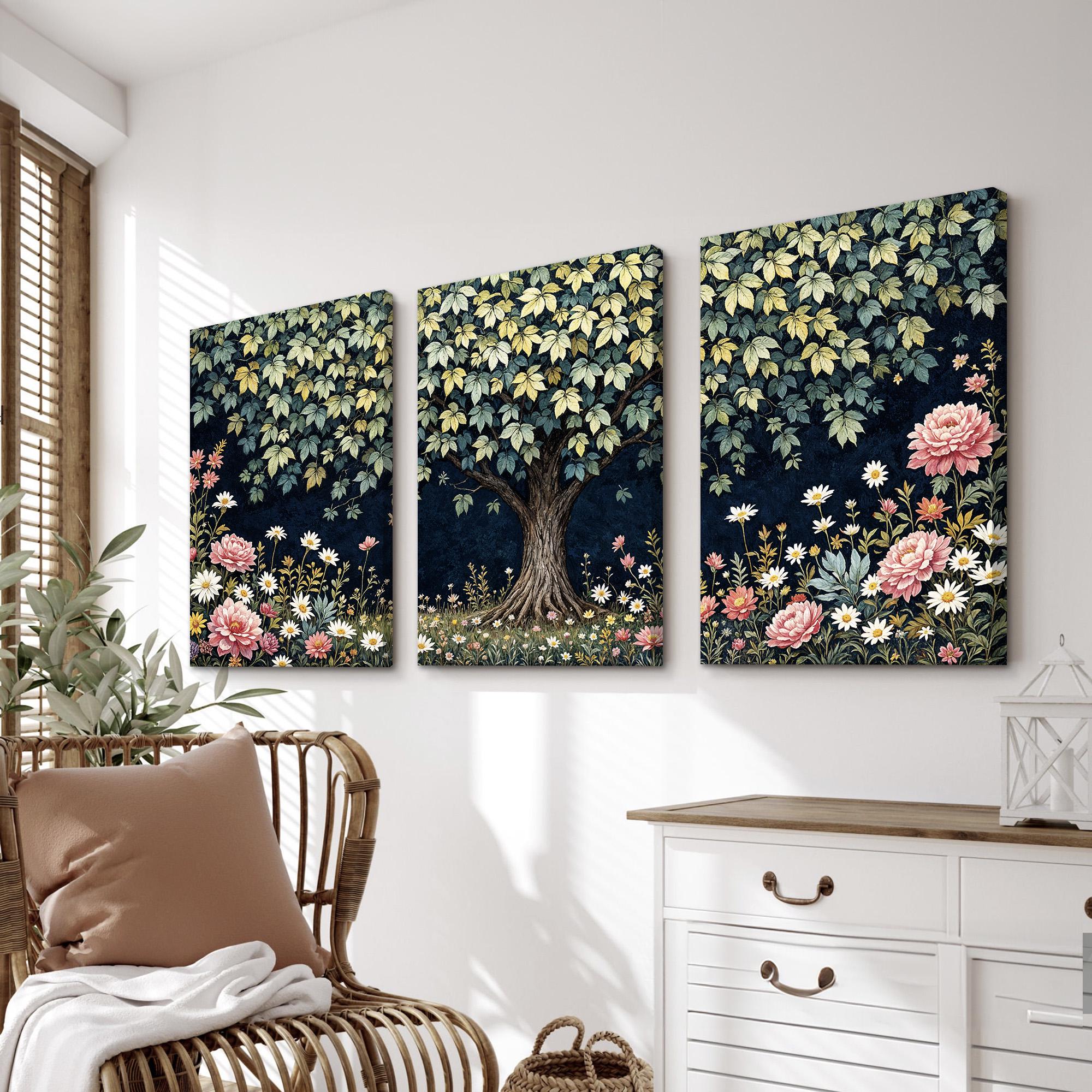 Floral Tree Wall Art Set of 3 | Cottagecore Garden Triptych With Pink ...