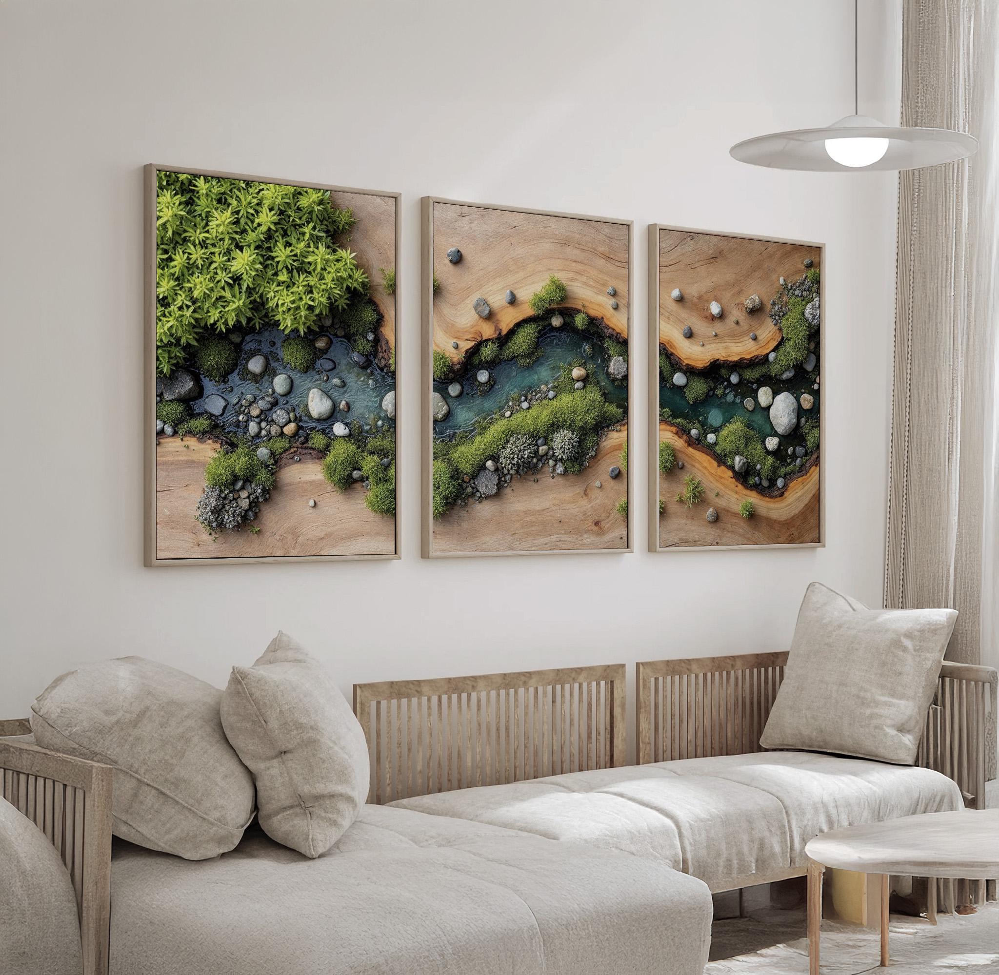 Nature Wall Art Set of 3 | River Flow With Green Moss and Stones on ...