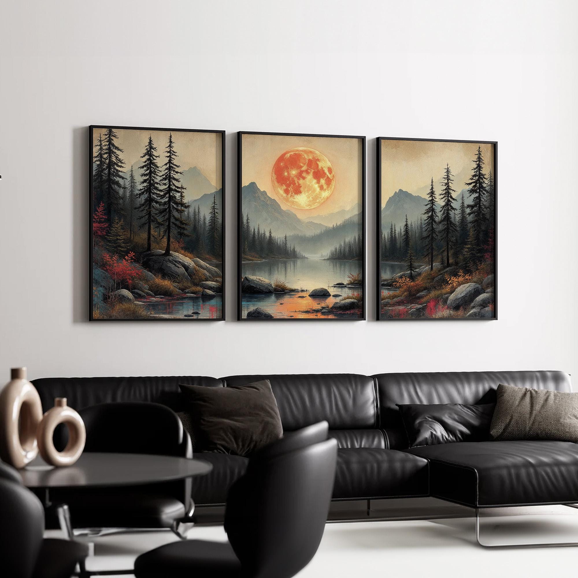 Large Landscape Wall Art Triptych | Moonlit Forest Lake With Mountains ...