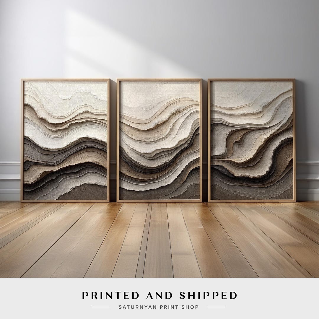 Neutral Abstract Wall Art Set of 3 | Beige Cream Brown Wave Canvas ...