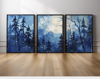 Forest Wall Art Set of 3 | Blue Winter Triptych Canvas Prints with Snowy Pines and Mountain Landscape for Rustic Scandinavian Decor