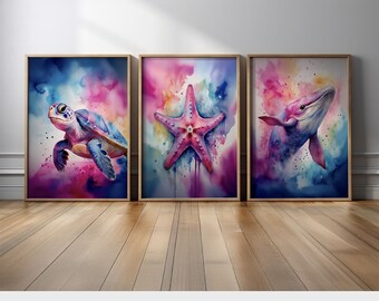 Watercolor Marine Life Wall Art Set | Whale, Turtle, and Starfish Paintings | Coastal Canvas Prints | Nautical Sea Life Poster Decor