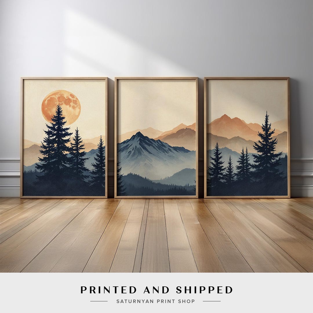 Set of 3 Mountain Landscape Wall Art | Moonlit Night and Pine Forest ...