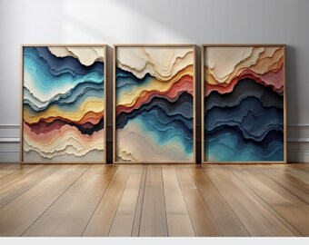 Set of 3 Abstract Topography Wall Art Prints | Teal Blue, Beige  and Orange Canvas Prints | Modern Earth Tone for Bold Statement Interiors