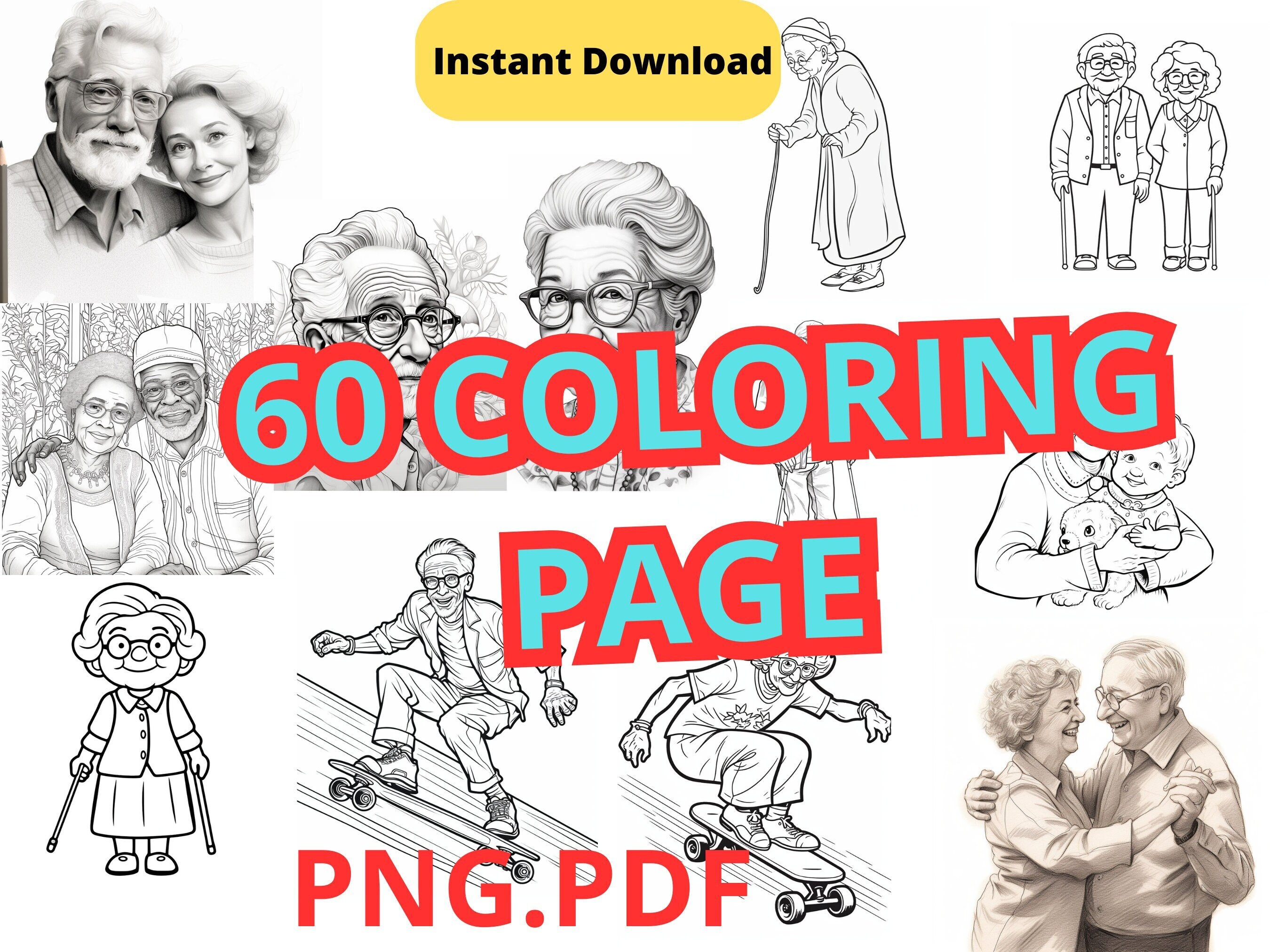60 Coloring Page Grandma and Grandpa Different Styles Instant Download