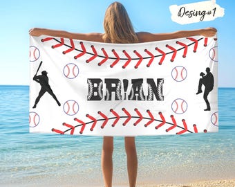 Baseball Beach Towel Personalized Custom Name Pool Towel for Boys Summer Vacation, Youth Birthday Party