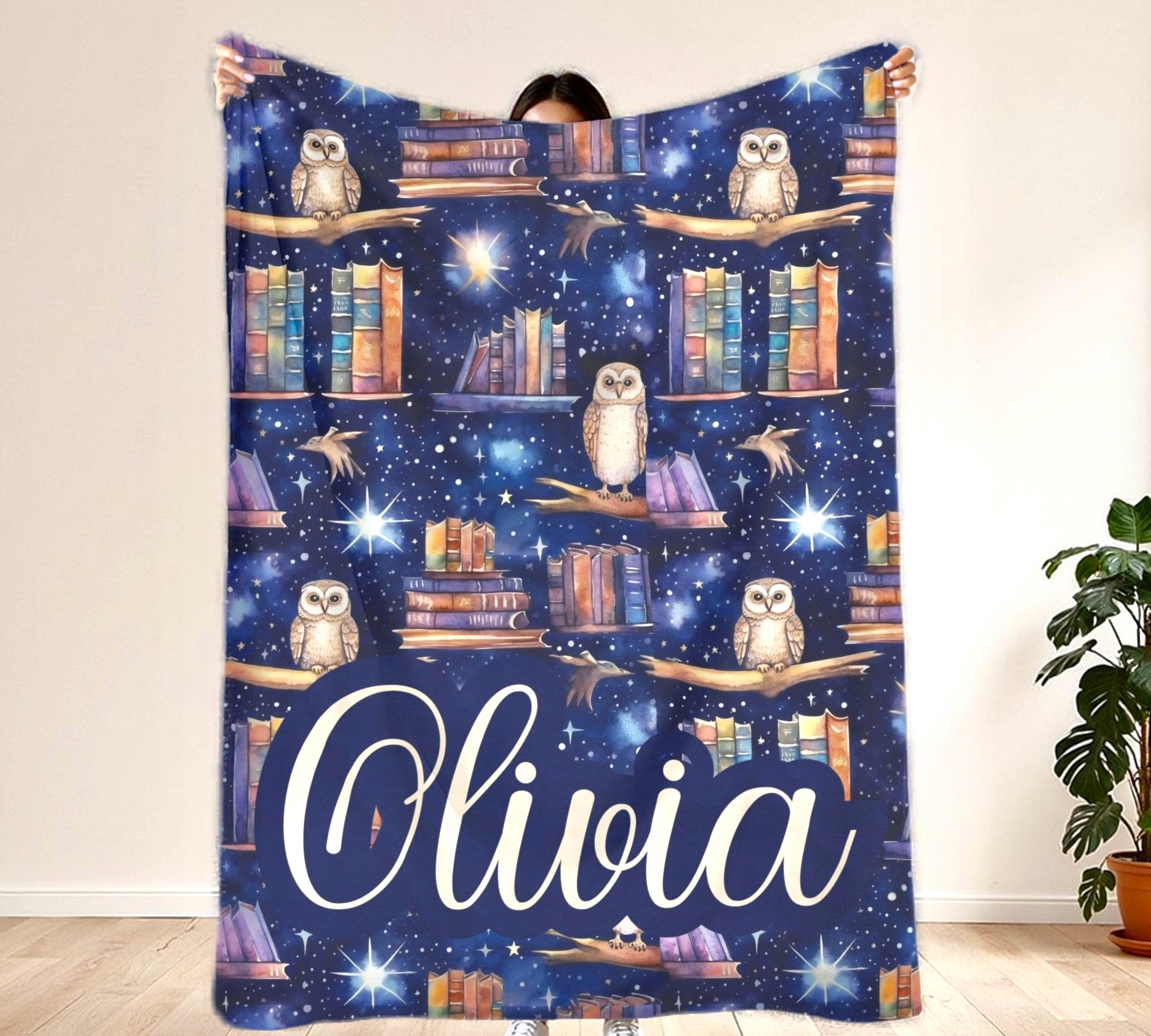 Personalized Night Sky Owl Gift For Book Lover, Custom Bookshelf Library Throw Blanket, Halloween Pe