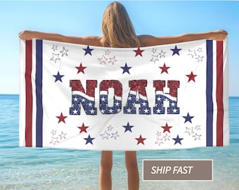 Personalized Beach Towel, Gift for Baseball Player, Patriotic Gift for Boys, 4th of July Accessories