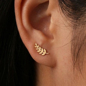 Puede incluir: Primer plano de una oreja con un pendiente dorado en forma de hoja. El pendiente es un diseño delicado y minimalista, con una serie de pequeñas hojas detalladas. El tono de piel es claro.