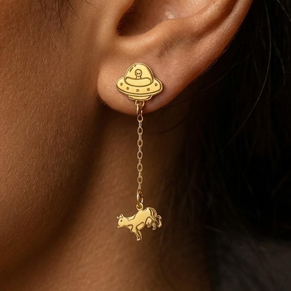 24k Gold Filled Cow Abduction Earrings: Alien UFO Jewelry