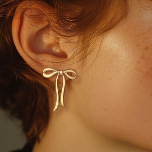 24k Gold Filled Bow Earrings · • · Cute Ribbon Stud Earrings · • · Thin, Long Bow · • · Blooblee · • · Pair 925 Silver