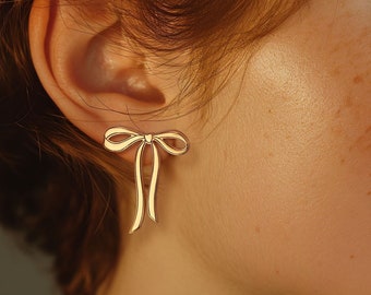 24k Gold Filled Bow Earrings · Thin, Long Bow  · Cute Stud Earrings · Ribbon Studs · Girly Pretty Handmade Jewelry · Pair 925 Silver